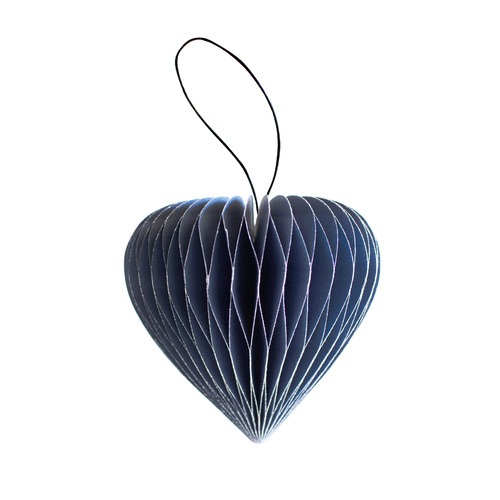 Marine Blue Paper Heart Ornament with Silver Glitter Edge H9cm